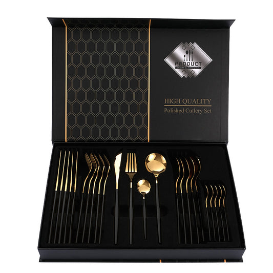 Red Gold Color Premium 24-Piece Stainless Steel Cutlery Set - Elegant Golden Steak Knife, Fork, and Spoon Set in Luxury Gift Box