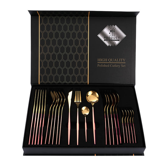 Pink Gold Color Premium 24-Piece Stainless Steel Cutlery Set - Elegant Golden Steak Knife, Fork, and Spoon Set in Luxury Gift Box