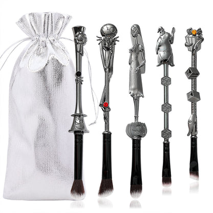 5-Piece Gothic Skeleton Jack Makeup Brush Set - Halloween Horror-Themed Metal Eyeshadow Brushes for Creative Festive Gifts