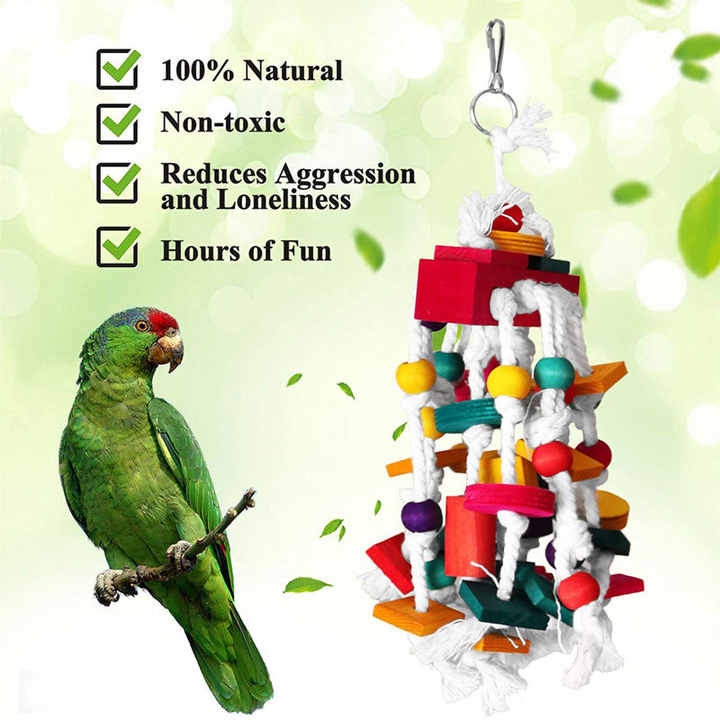 Colorful Parrot Toy with Wooden Beads, Blocks, and Cotton Rope - Chewing and Climbing Fun for Birds