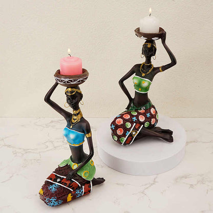 Green European Resin African Woman Candle Holders - Decorative Tabletop Candle Stands for Coffee Bars & Home Decor