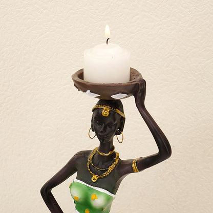 Green European Resin African Woman Candle Holders - Decorative Tabletop Candle Stands for Coffee Bars & Home Decor