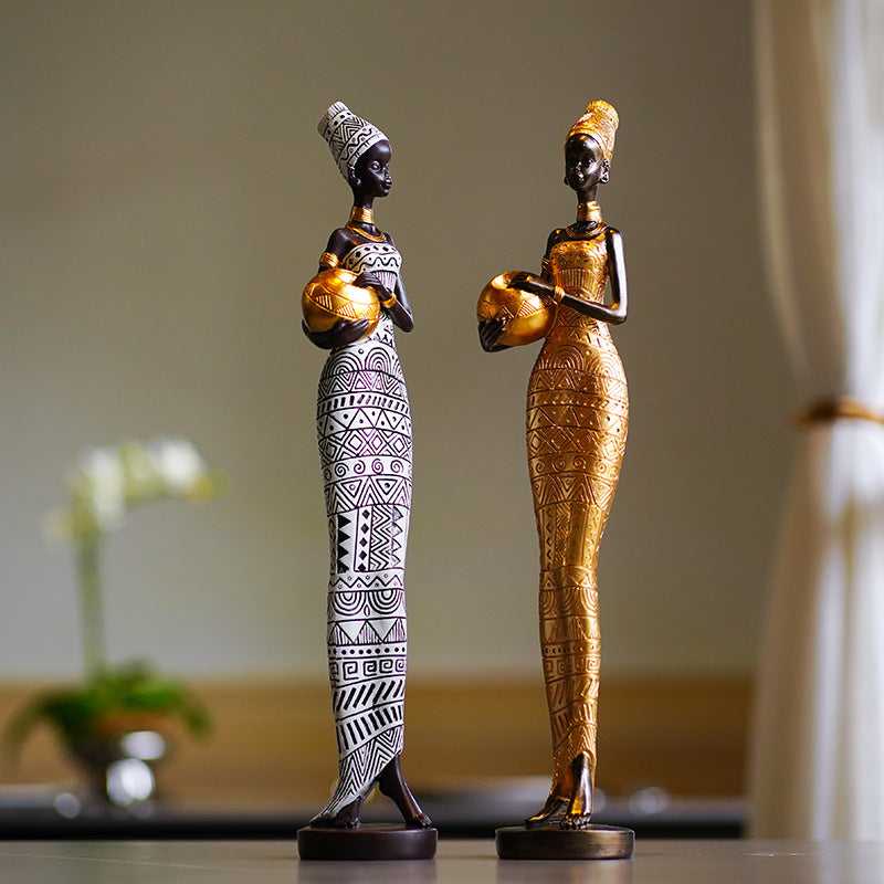 Gold Exotic African Woman Figurine - Elegant Resin Sculptures for Home Decor