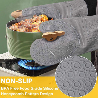 Black BPA-Free Non-Slip Silicone Oven Mitts - Heat Resistant Gloves with Honeycomb Pattern for Kitchen Safety