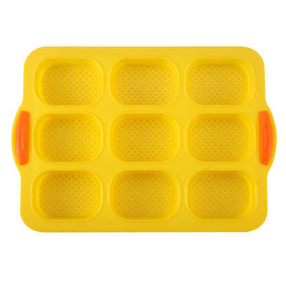 Yellow Silicone Mini Bread Loaf Baking Mold - Non-Stick 8-Cavity Bakeware Pan with Handles for Baking Cakes and Bread