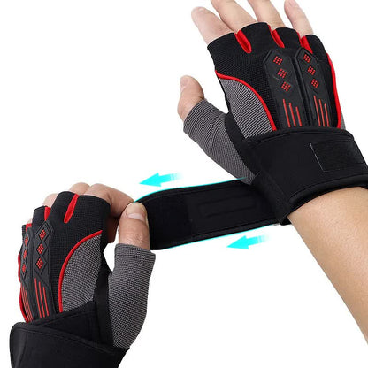 M Red Fingerless Workout Gloves with Wrist Support - Non-Slip, Breathable Gym Gloves for Weightlifting and Cycling