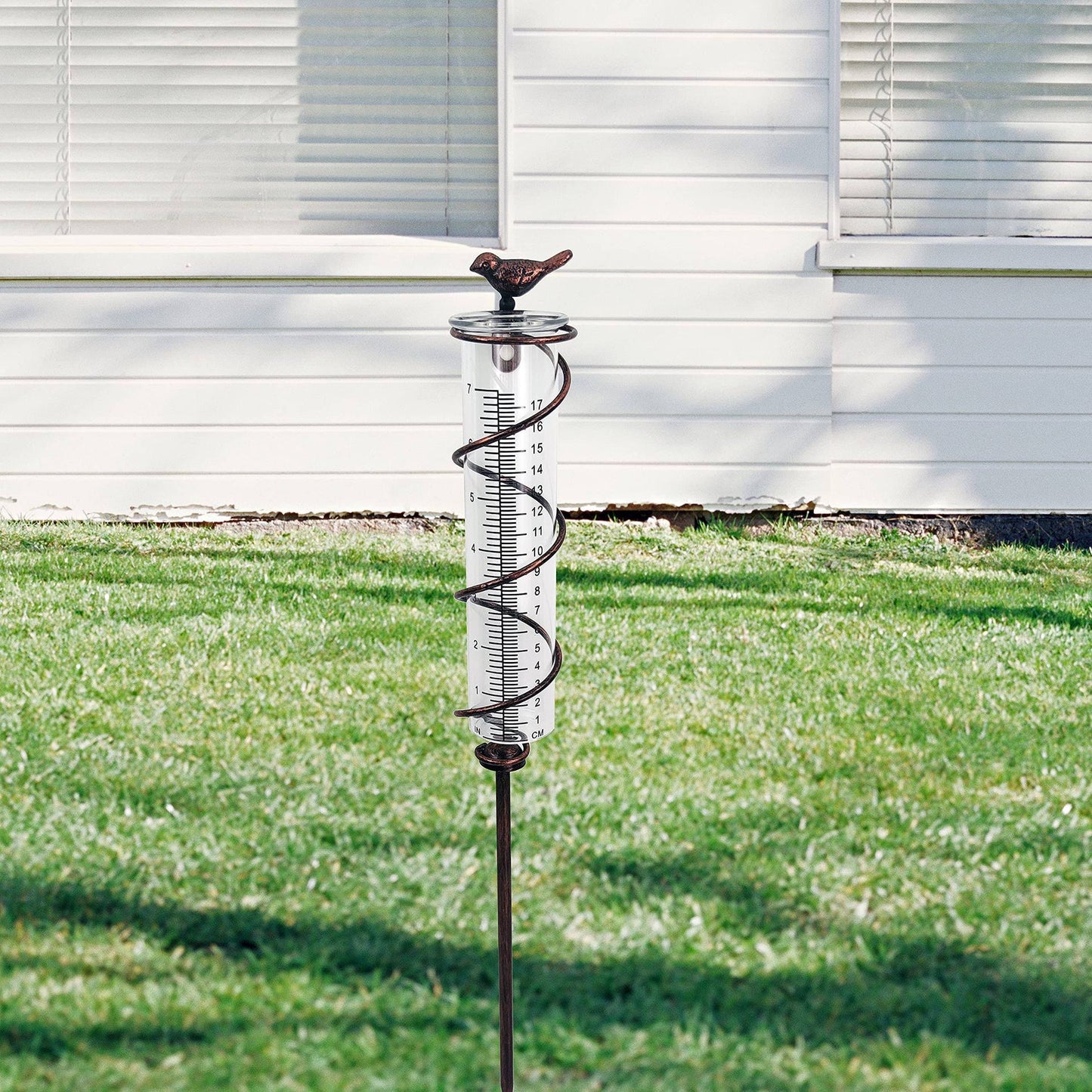 Decorative Garden Rain Gauge – Glass Rain Meter with Metal Stake and Bird Design