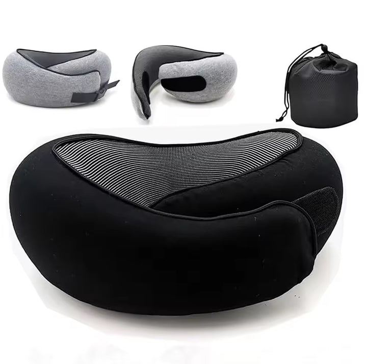 Black Velcro Tape Memory Foam U-Shaped Neck Pillow – Snail Travel Cushion for Airplane, Office Nap, and Travel – Adjustable with Magnetic Therapy Cloth