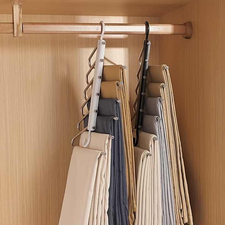 2 PCS White Stainless Steel Foldable Pants Hanger - Multi-Layer Non-Slip Closet Organizer for Clothes and Trousers