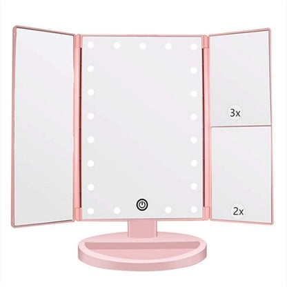 Pink Tri-Fold Lighted Makeup Mirror, 22 LED Vanity Mirror with 1X/2X/3X/10X Magnification, Portable Cosmetic Mirror