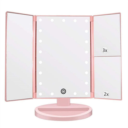 Pink Tri-Fold Lighted Makeup Mirror, 22 LED Vanity Mirror with 1X/2X/3X/10X Magnification, Portable Cosmetic Mirror