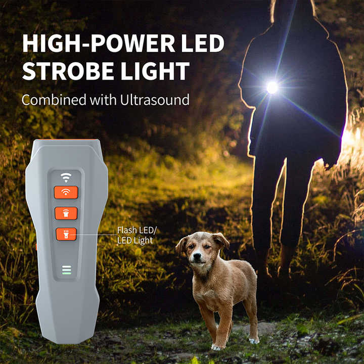 Grey And Orange Ultrasonic Dog Bark Control Device, Rechargeable Dog Trainer with LED Flashlight, Portable Anti-Barking Tool