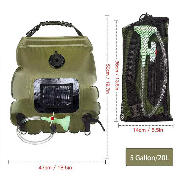 Green Portable Solar Camping Shower Bag, Foldable 20L Outdoor Water Storage Bag with Temperature Display for Easy Use