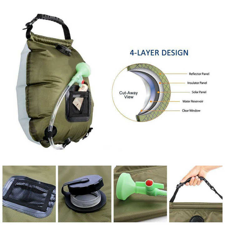 Black Portable Solar Camping Shower Bag, Foldable 20L Outdoor Water Storage Bag with Temperature Display for Easy Use