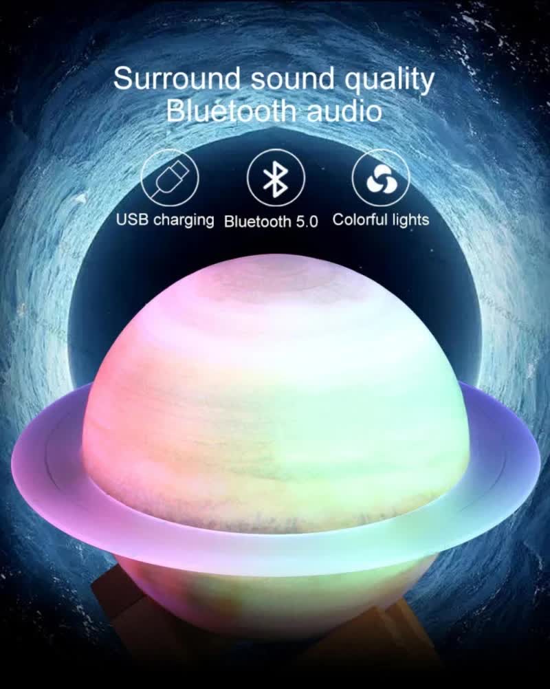 Yellow 3D Saturn Ring Bluetooth Speaker with Adjustable LED Lights, HiFi Bass, USB Charging, and Immersive Sound for Home and Desktop Use