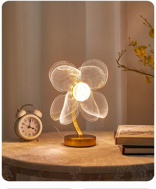 Four Leaf Clover Shape Luxury Acrylic Table Lamp - Modern USB Powered Night Light | Decorative Atmosphere Lamp for Bedroom, Living Room, and Bedside | Compact Design with 3 Color Temperatures