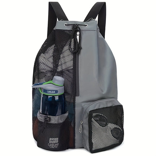 Grey Mesh Drawstring Swim Backpack with Wet Pocket - Lightweight Beach, Gym, Outdoor Sports Bag - 245g