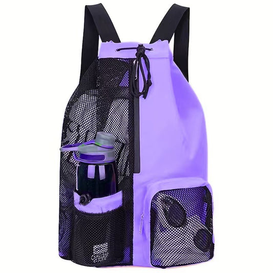 Purple Mesh Drawstring Swim Backpack with Wet Pocket - Lightweight Beach, Gym, Outdoor Sports Bag - 245g