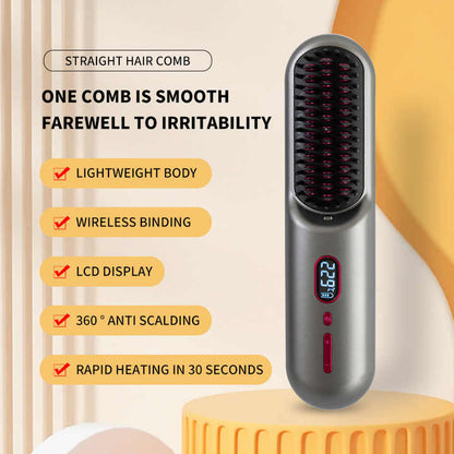 Black Rechargeable Portable Ionic Hair Straightening Comb - USB Wireless Travel Hair Style