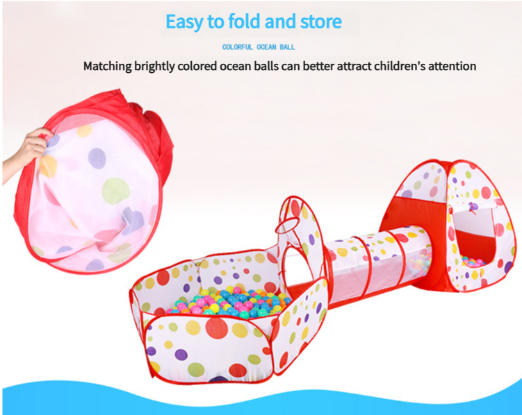 Red 3-in-1 Kids Play Tent Set - Foldable Indoor/Outdoor Tunnel and Ball Pit with Fence