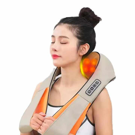 Portable Kneading Neck and Shoulder Massager with Heat - Four-Button Design, Beige