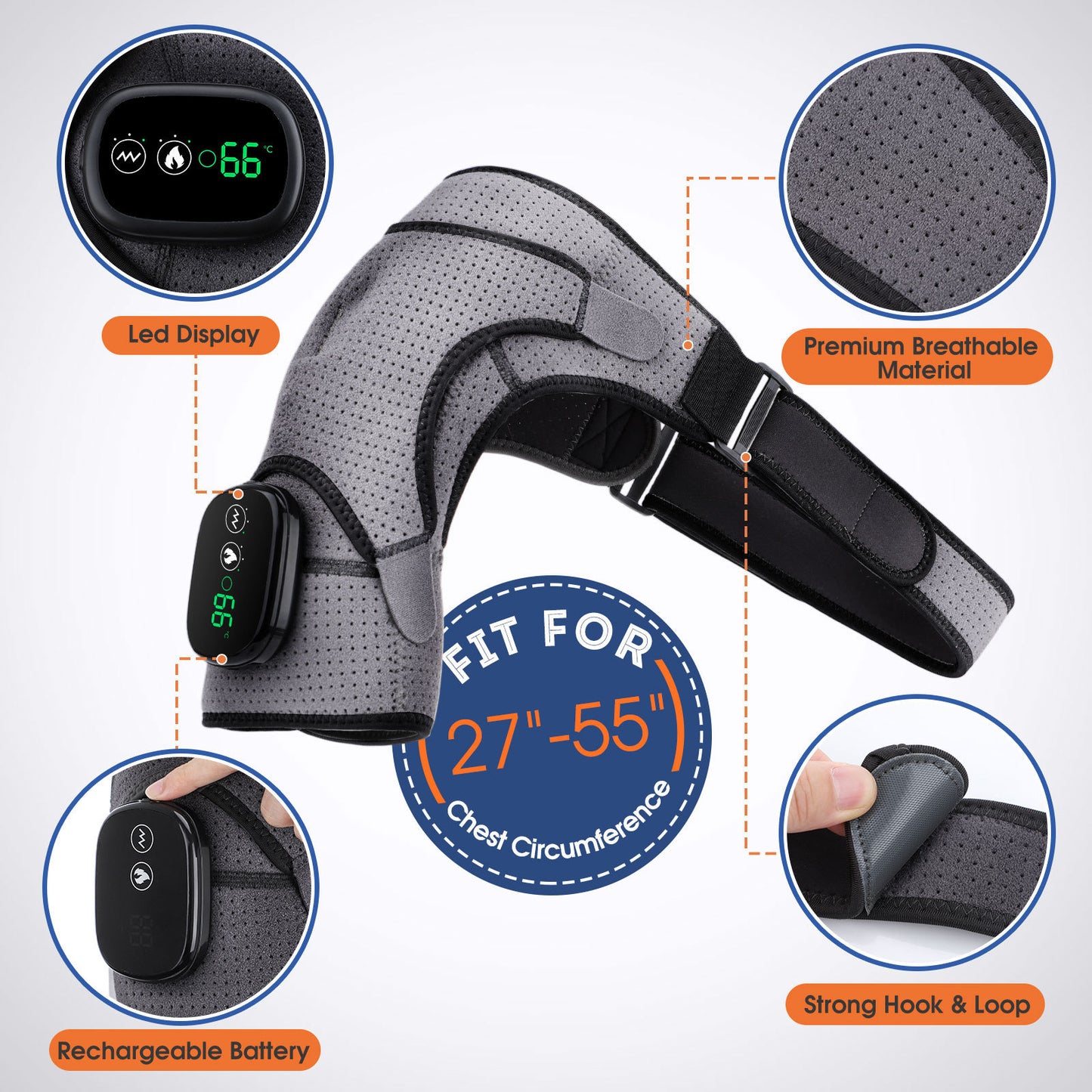 Black Rechargeable Heated Shoulder Massager with LED Display - Adjustable Compression Wrap for Pain Relief and Relaxation