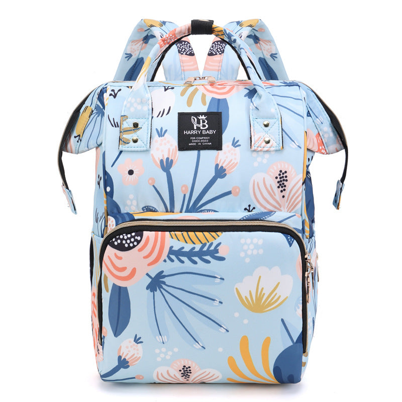 Large Capacity Multi-Functional Baby Diaper Backpack - Stylish and Travel-Friendly Mummy Bag  floral Blue