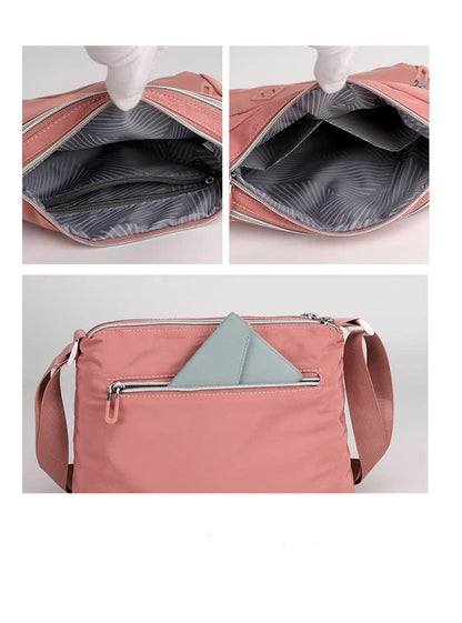 Lightweight Nylon Crossbody Shoulder Bag - Pink, Adjustable Strap, Multi-Pocket Design